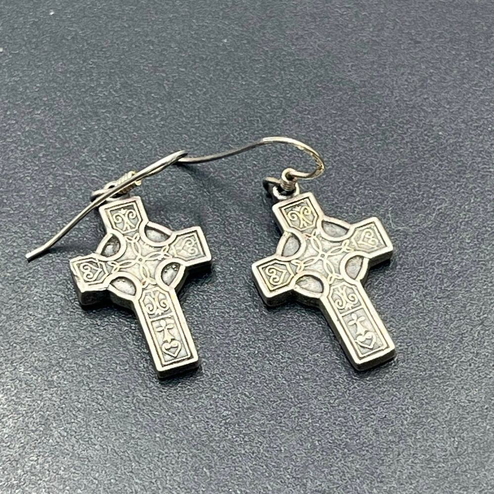 Sterling Silver Celtic Cross‎ Center Circle Intricate Interlace Dangle Earrings